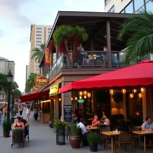Vibrant dining scene in downtown Orlando with outdoor patios and a beautiful park environment.