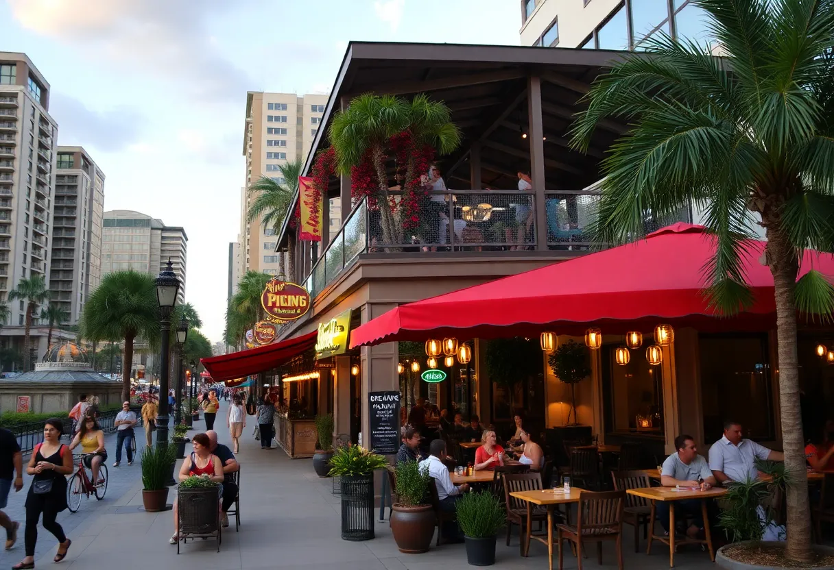 Vibrant dining scene in downtown Orlando with outdoor patios and a beautiful park environment.