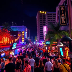 Vibrant nightlife scene in downtown Orlando with bars and clubs.