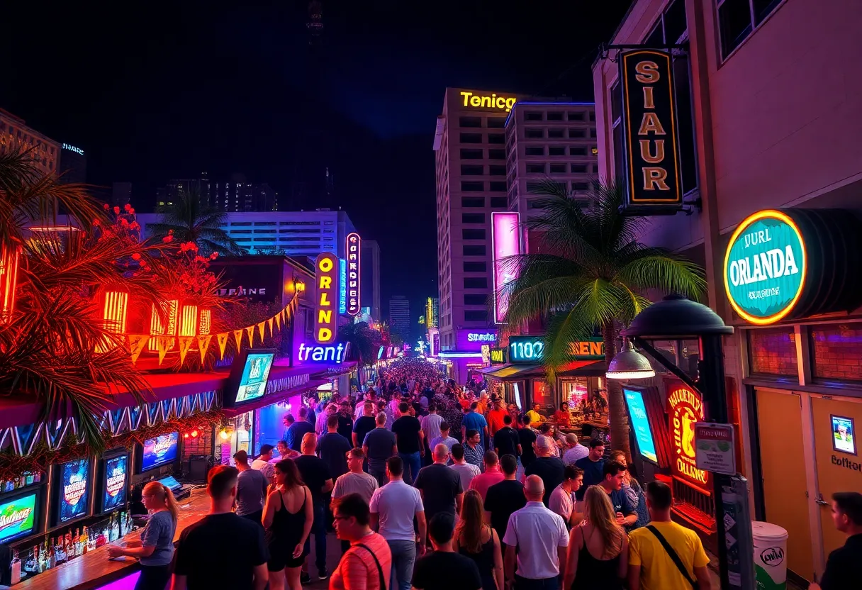 Vibrant nightlife scene in downtown Orlando with bars and clubs.