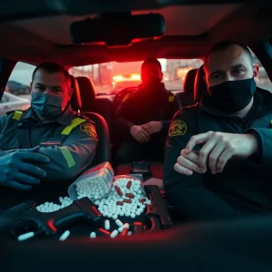Police confiscating drugs and evidence from a vehicle.