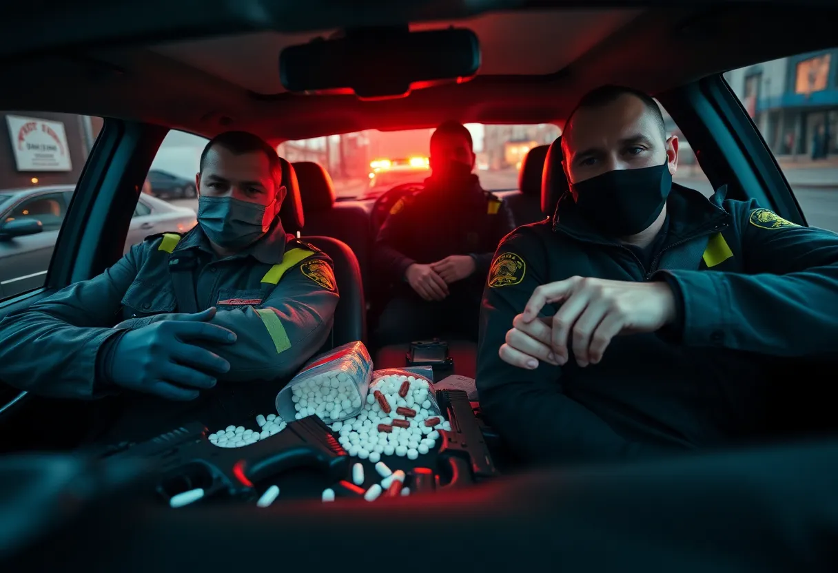 Police confiscating drugs and evidence from a vehicle.