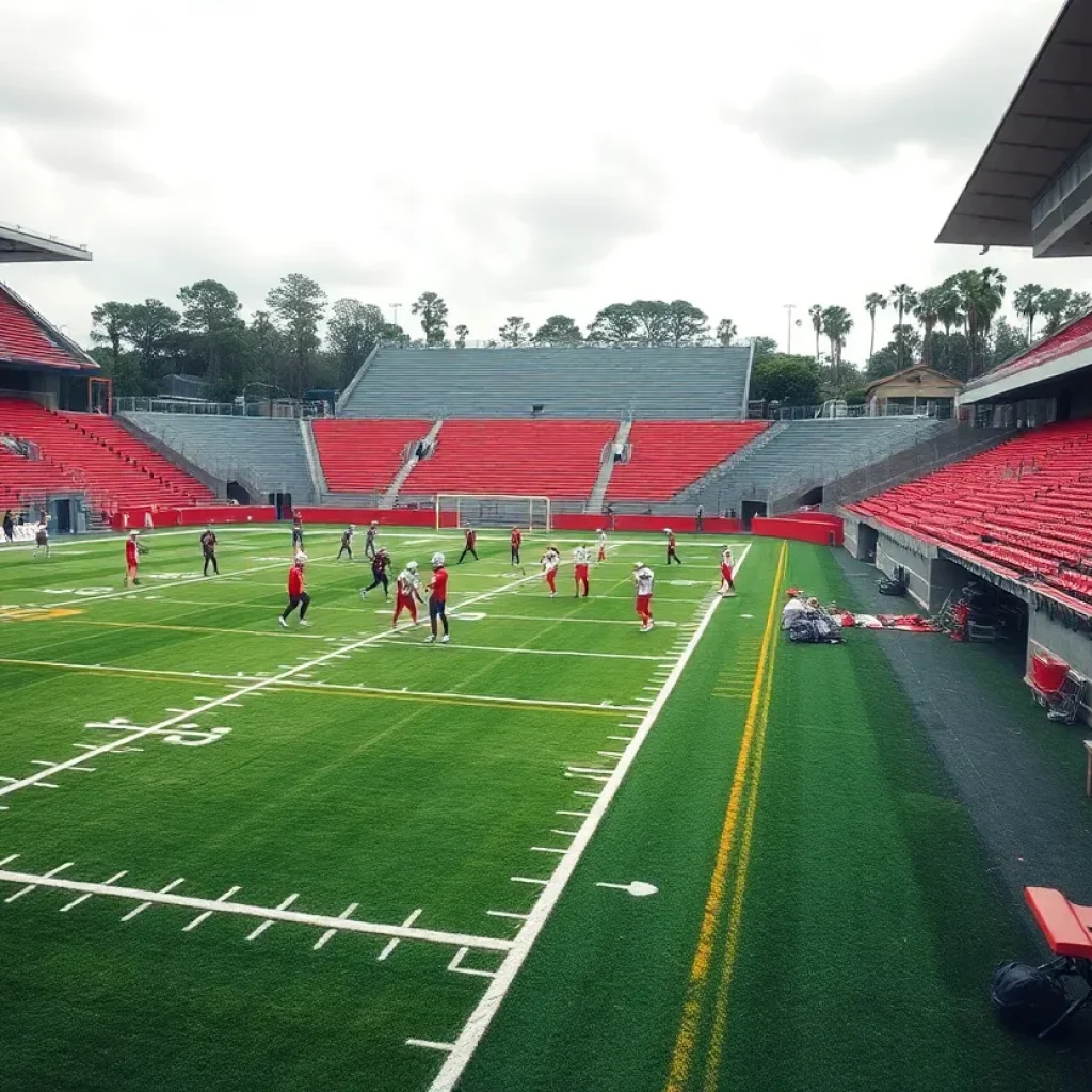 Football players on a practice field representing The First Academy
