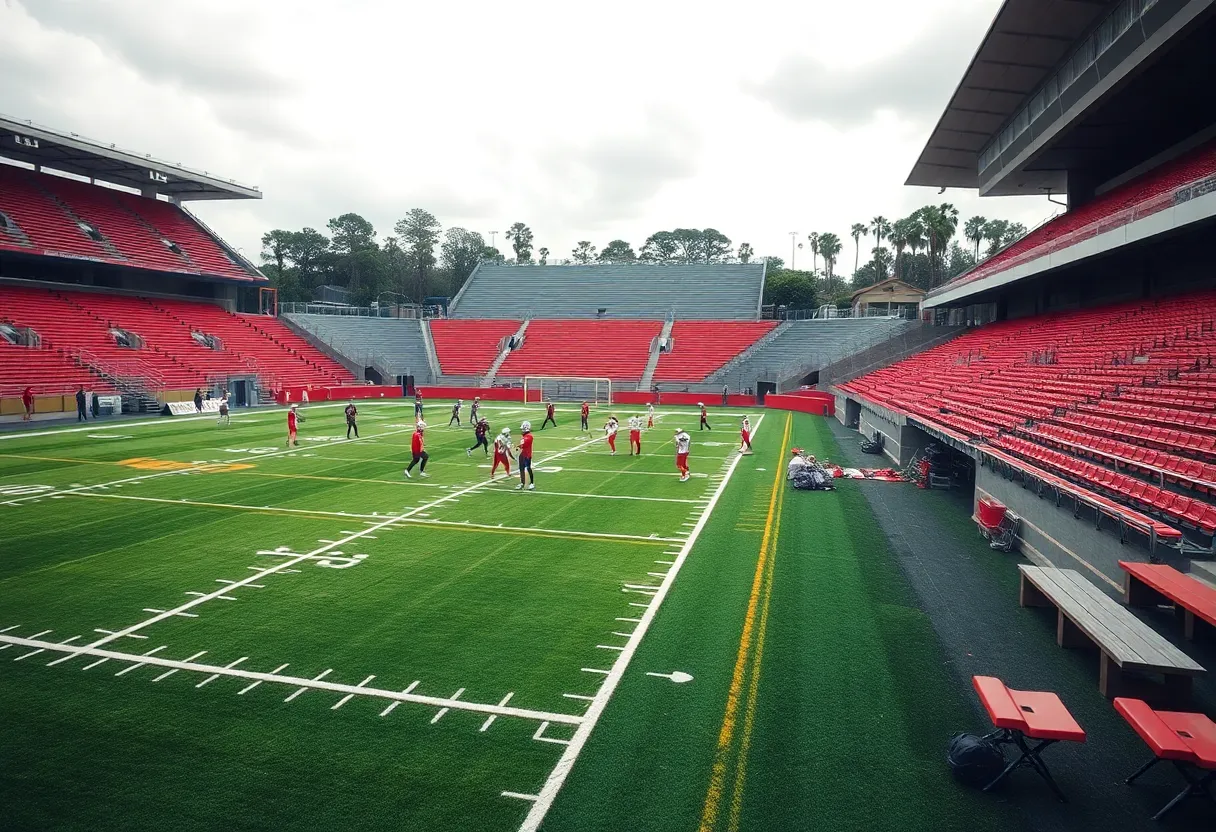 Football players on a practice field representing The First Academy