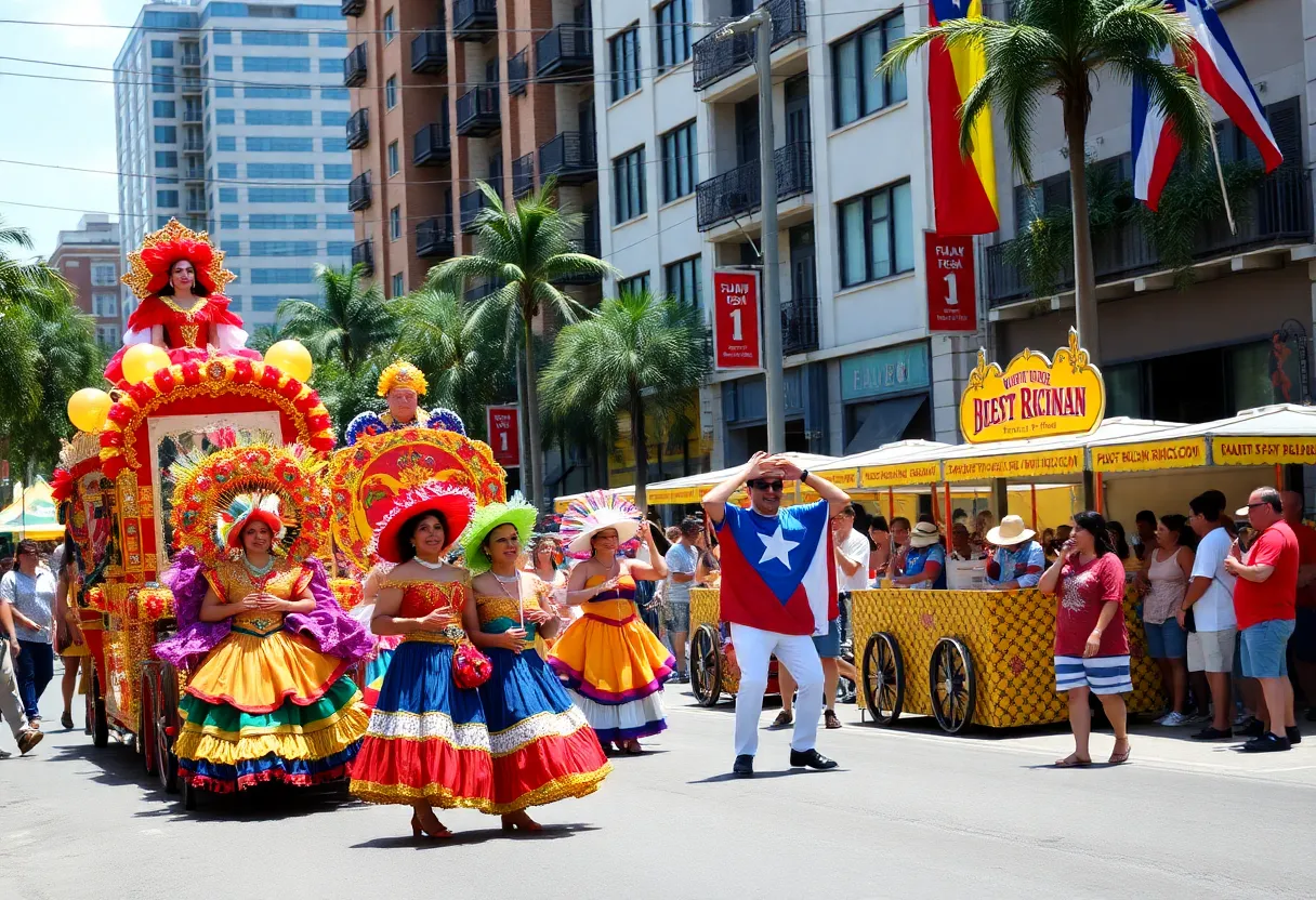 Floats and participants in the Florida Puerto Rican Parade