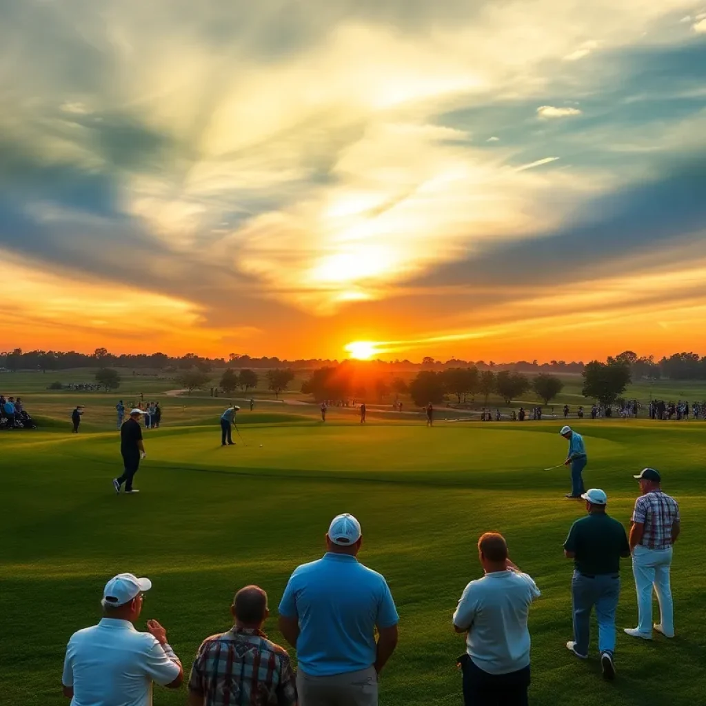 Golf course during sunset with players and spectators