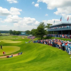 A view of a golf tournament showcasing golfers and the vibrant atmosphere of the event