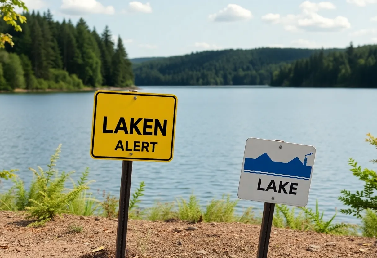 Warning signs by Lake Mann indicating a lake alert due to sanitary sewer overflow.