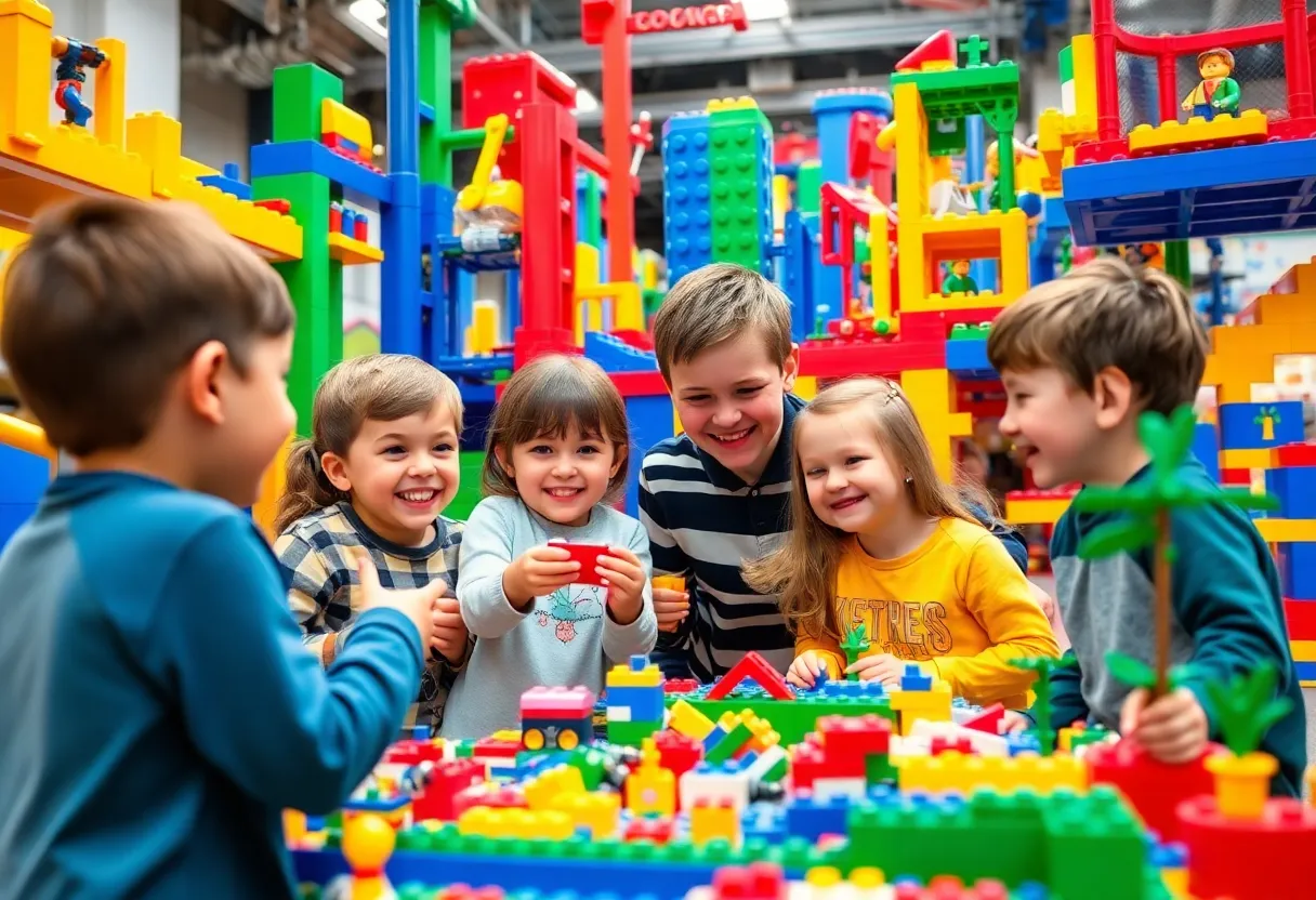 Children enjoying the Lego Brickade pop-up experience with colorful bricks.