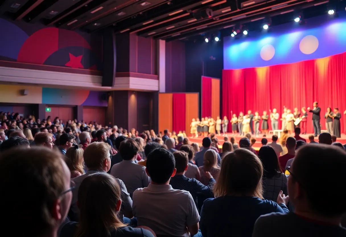 A colorful stage production of the Mean Girls musical with lively performers