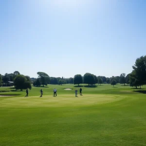 A beautiful nine-hole golf course with lush landscapes and clear skies.