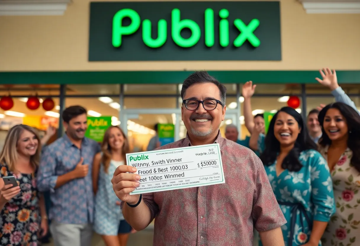 Lottery winner holding a ticket in front of Publix supermarket in Orlando.