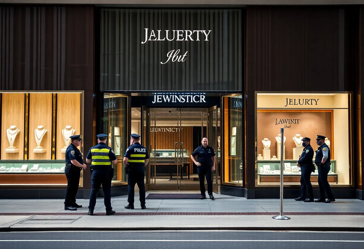 Scene of law enforcement at Tiffany & Co. after a bold diamond heist.