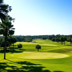 A beautiful golf course in Orlando featuring green fairways and palm trees.