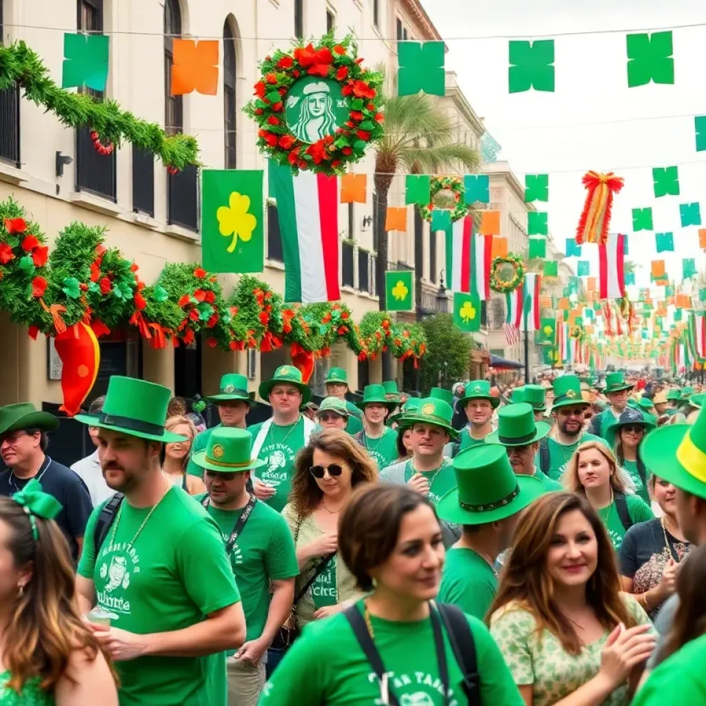 A vibrant St. Patrick's Day celebration in Orlando with people in green attire.