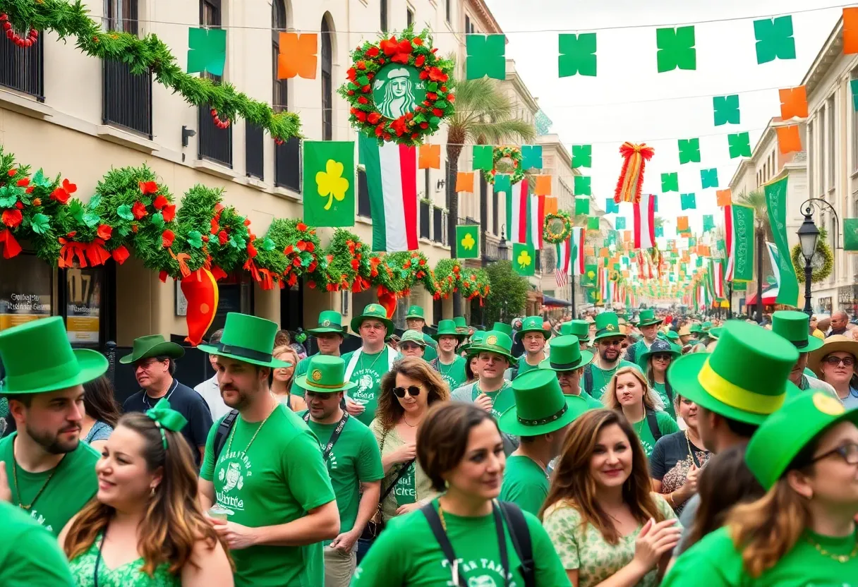 A vibrant St. Patrick's Day celebration in Orlando with people in green attire.