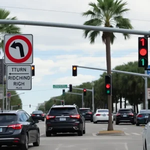 Traffic intersection in Orlando with signs about right turns on red lights