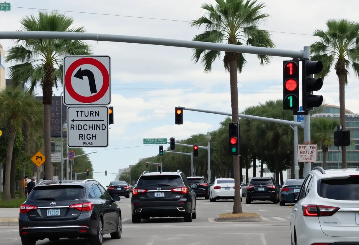 Traffic intersection in Orlando with signs about right turns on red lights
