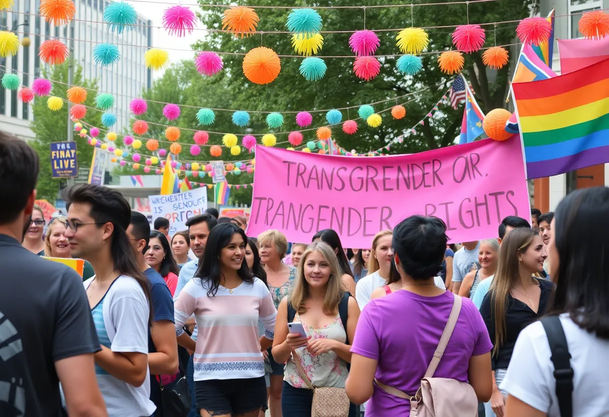 Community members gather to support transgender rights during the Transgender Day of Visibility event.