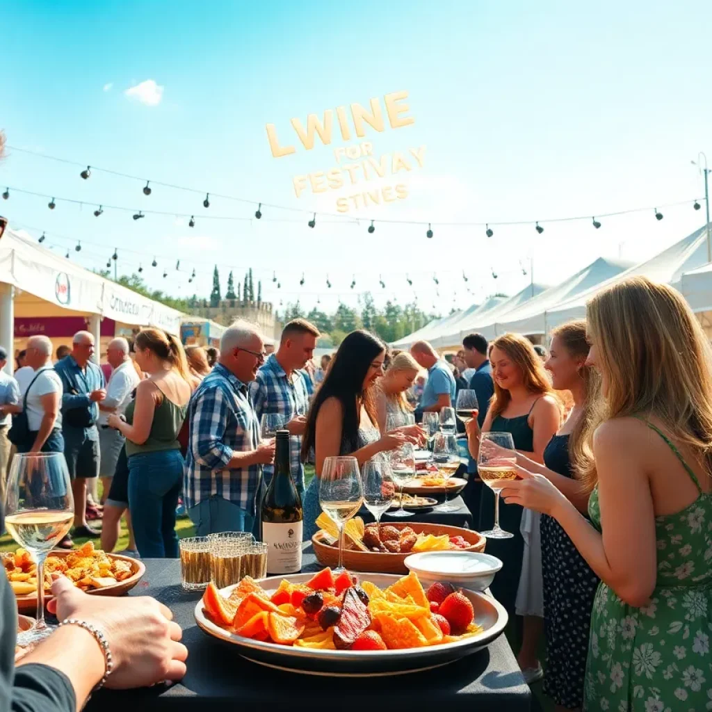 Crowd enjoying the Orlando Wine Festival with various food and wine stations in an elegant outdoor setting.