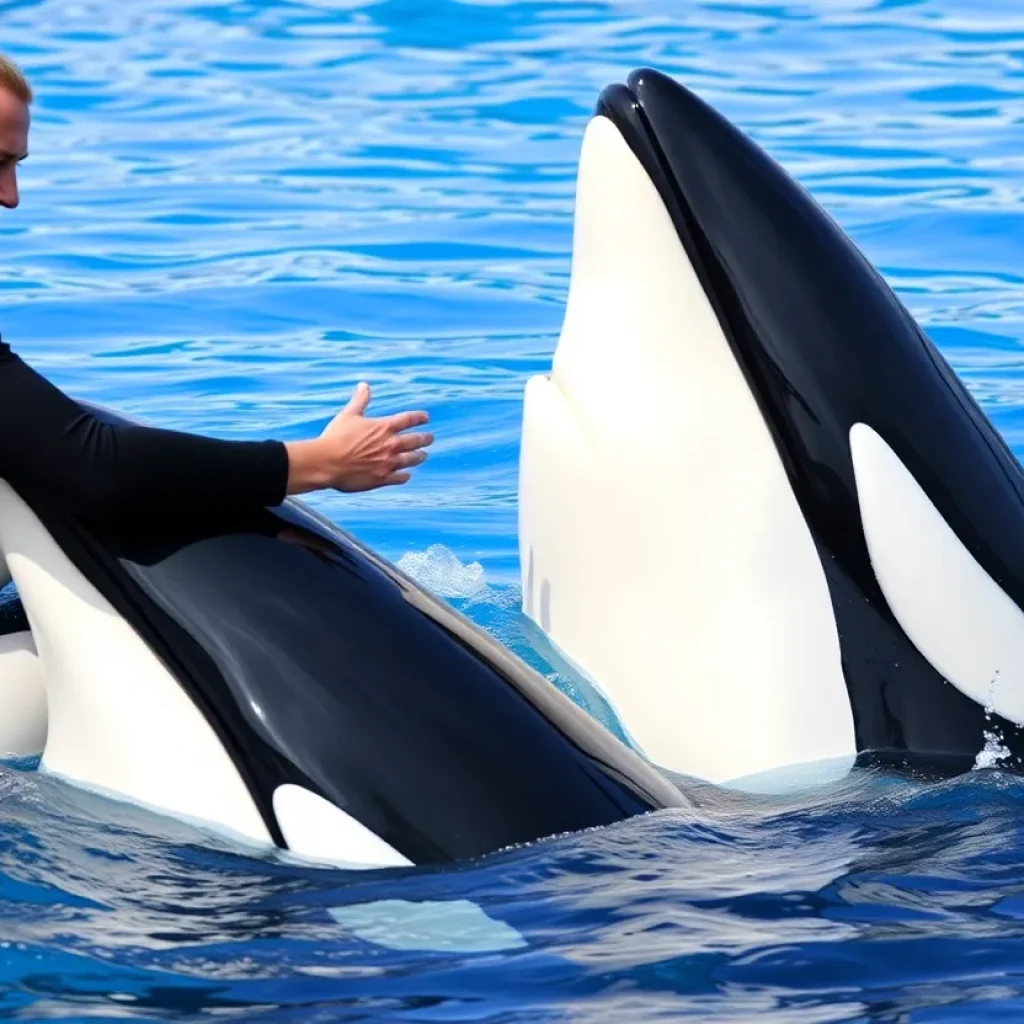 Trainer working with a killer whale at SeaWorld Orlando