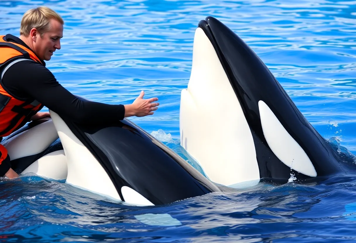 Trainer working with a killer whale at SeaWorld Orlando