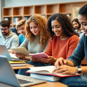 Diverse college students collaborating in a classroom environment