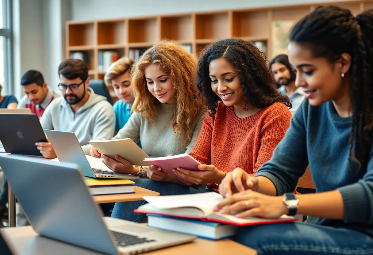 Diverse college students collaborating in a classroom environment