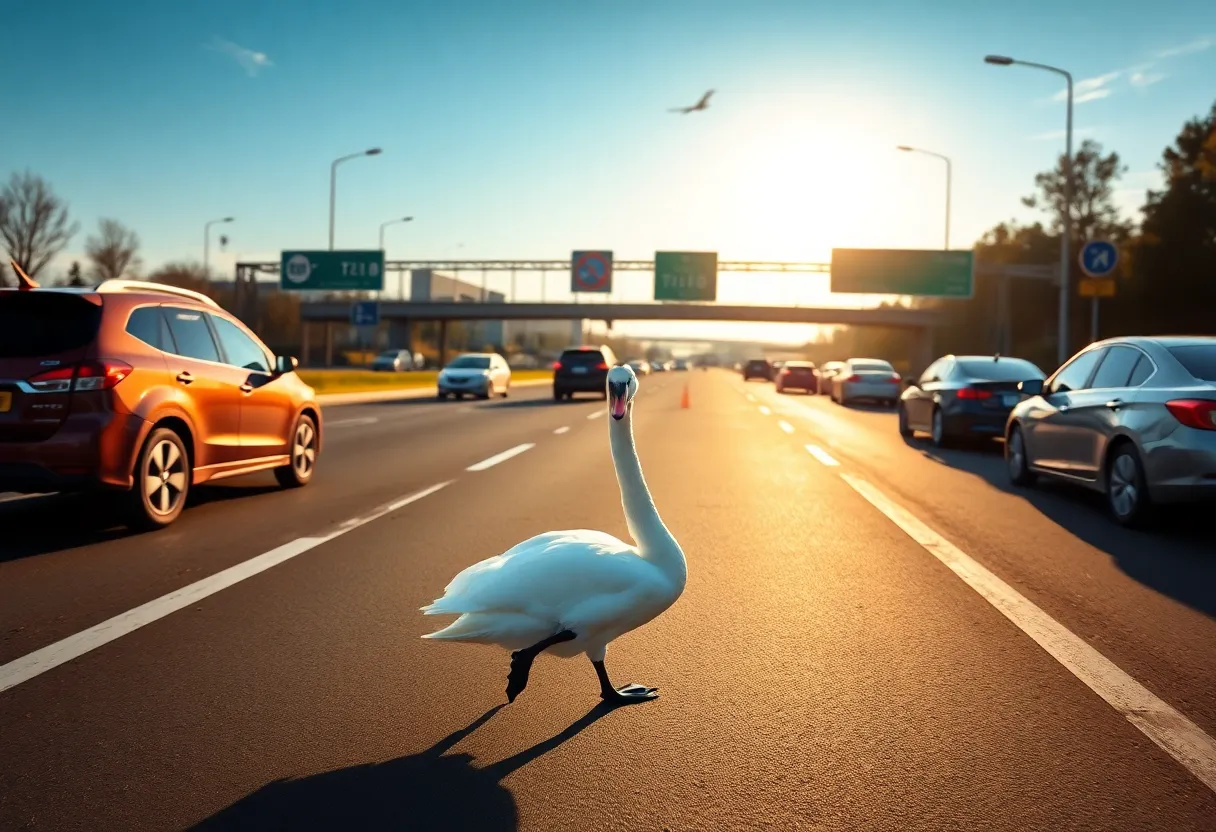 A swan walking on the expressway in Orlando