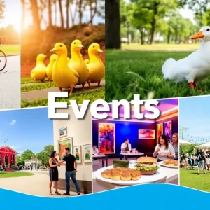 A lively scene depicting various events in Orlando, including biking, ducks, and arts.