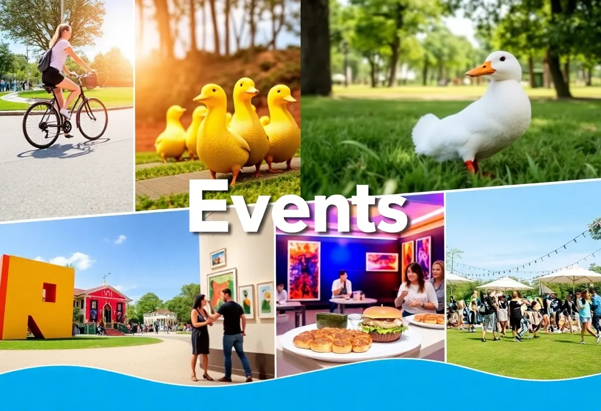 A lively scene depicting various events in Orlando, including biking, ducks, and arts.