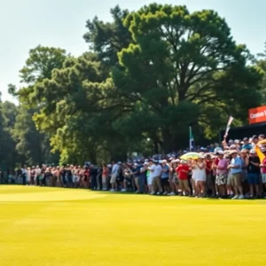 A picturesque view of a golf tournament featuring an enthusiastic crowd and greenery.