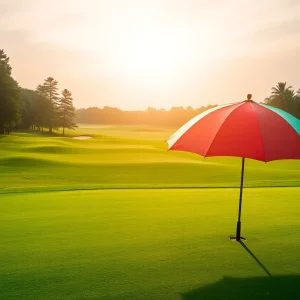 Landscape of the Bay Hill Club and Lodge golf course in Orlando with a multi-colored umbrella in view.