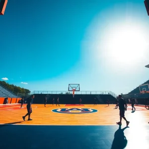 Auburn basketball court with players silhouettes