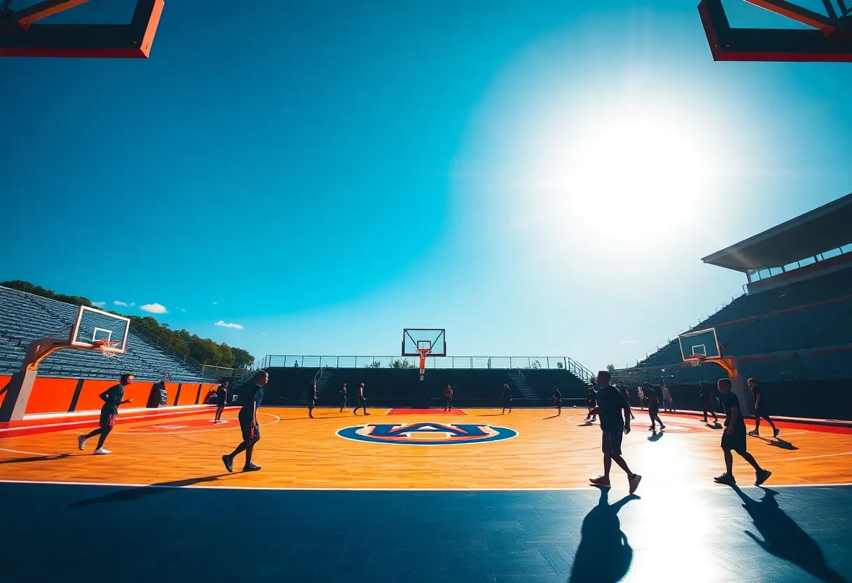 Auburn basketball court with players silhouettes