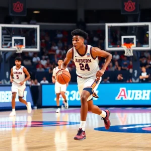 Auburn basketball player performing a slam dunk