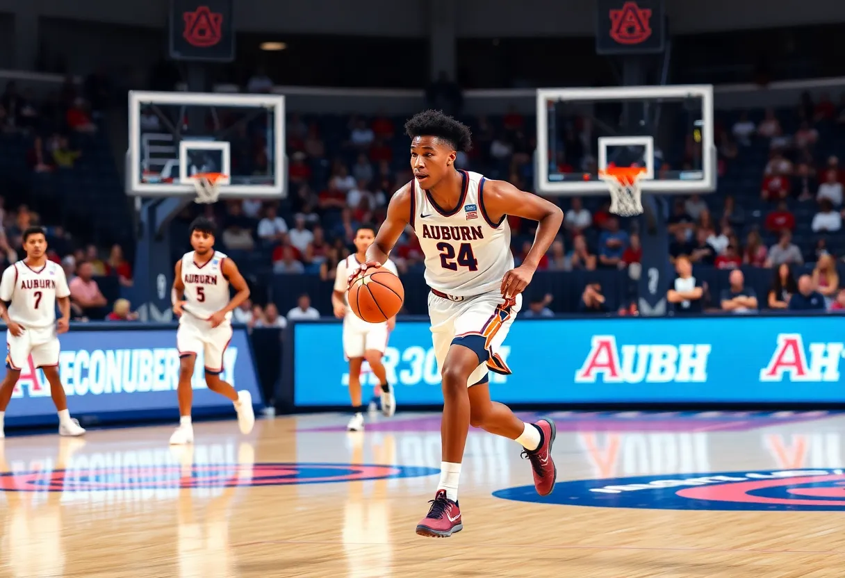 Auburn basketball player performing a slam dunk