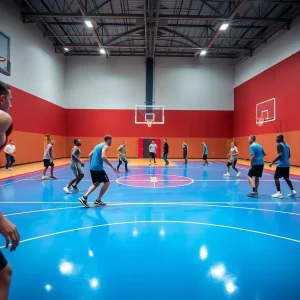 Auburn basketball players practicing on the court