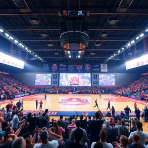 Auburn University basketball court with fans cheering