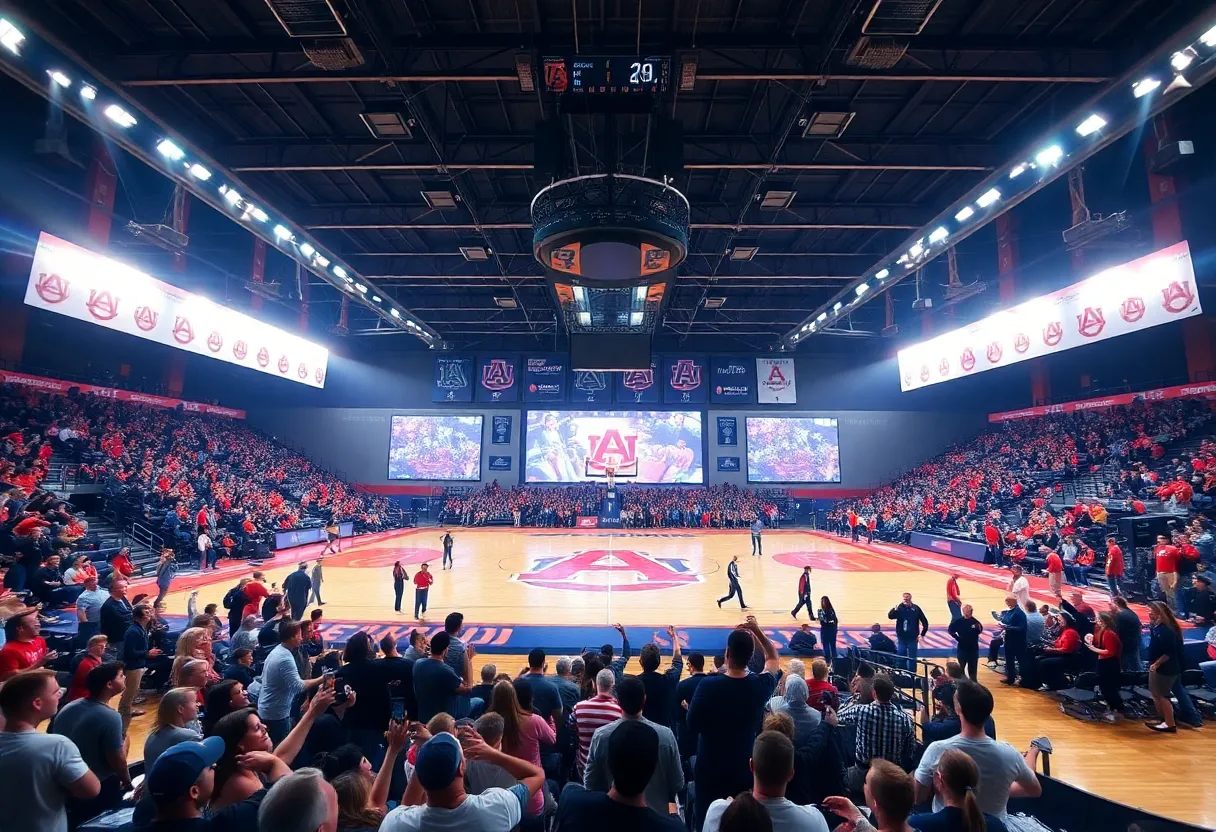 Auburn University basketball court with fans cheering