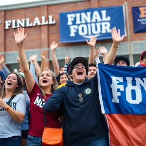 Auburn University basketball fans cheer outside Neville Arena.