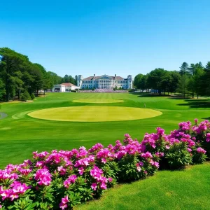 View of Augusta National Golf Club with blooming azaleas