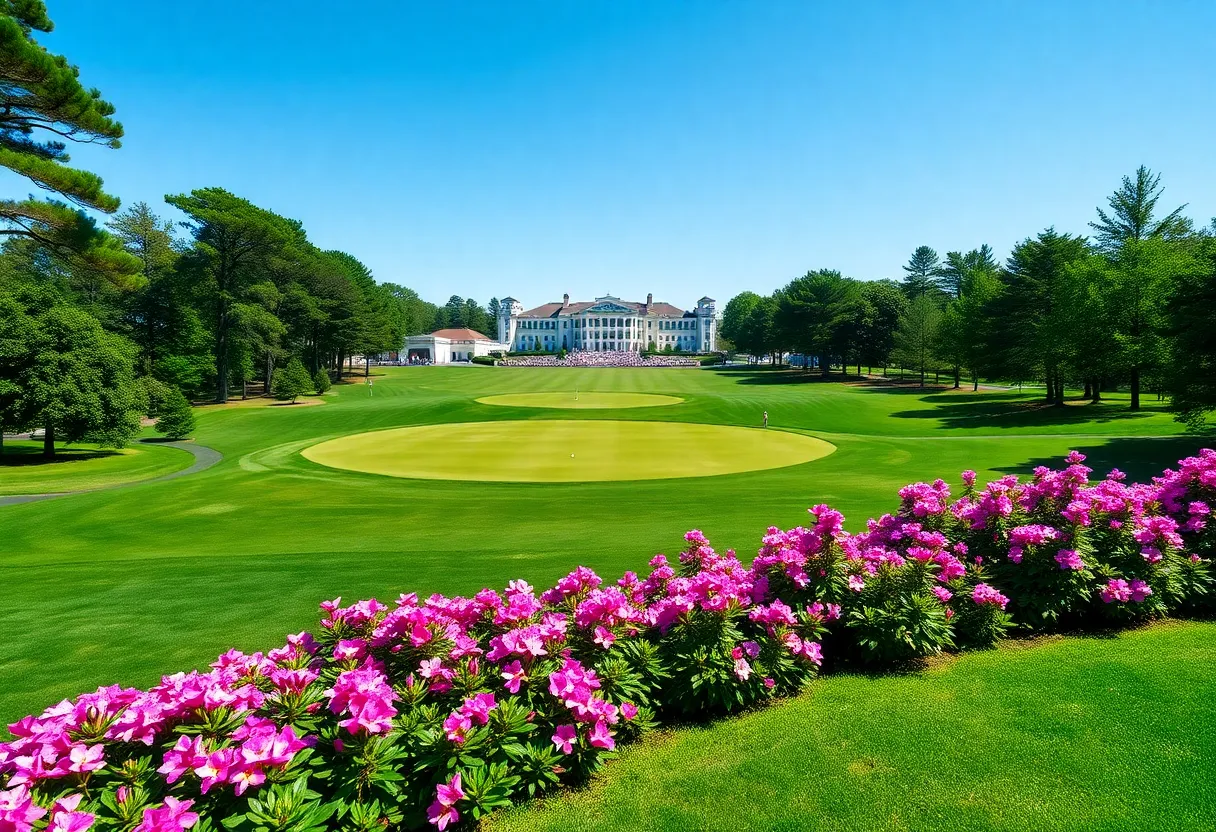 View of Augusta National Golf Club with blooming azaleas