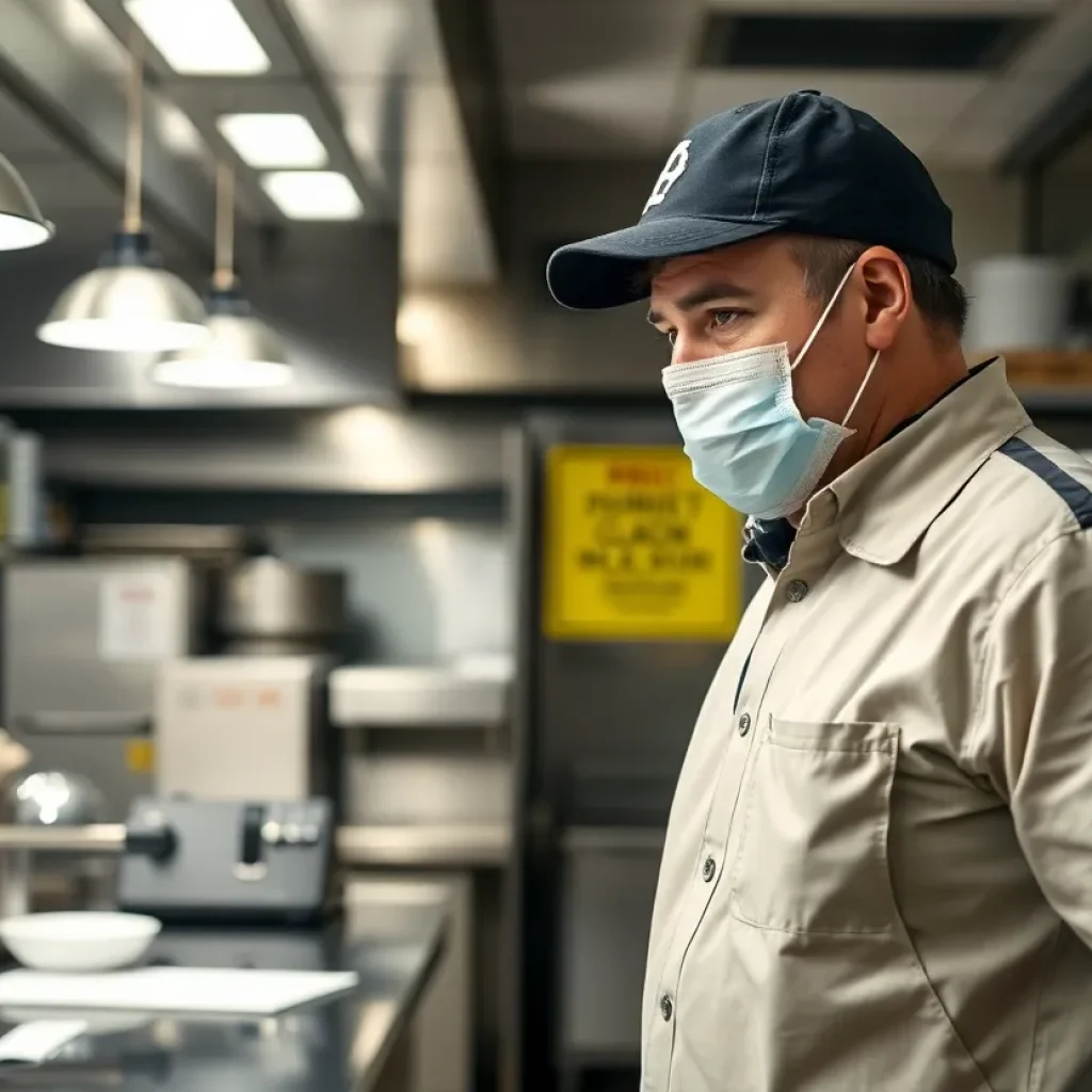 Food safety inspector checking for health violations in a Central Florida restaurant kitchen