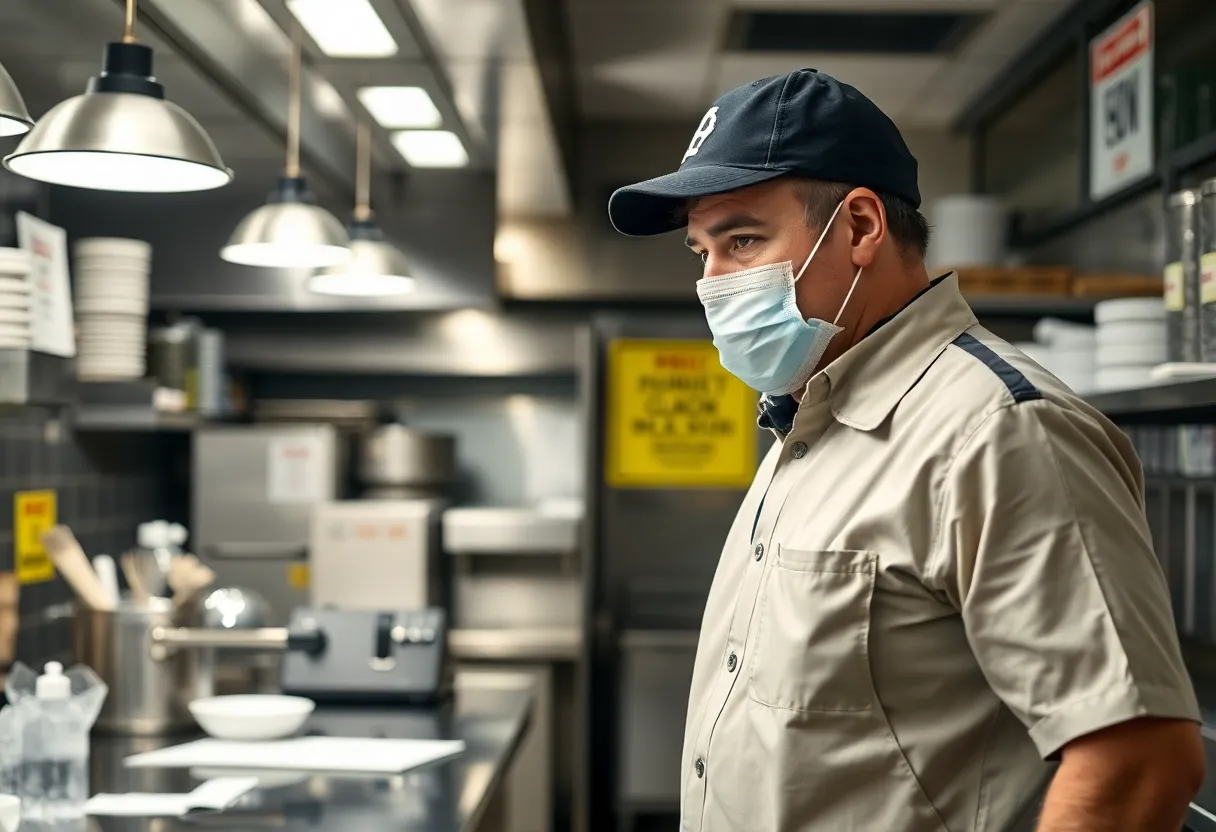 Food safety inspector checking for health violations in a Central Florida restaurant kitchen