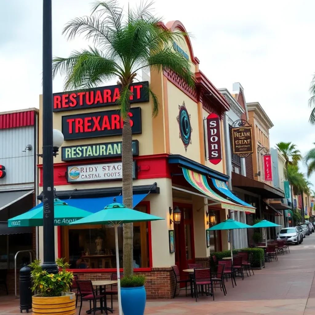 A street lined with diverse restaurants in Central Florida
