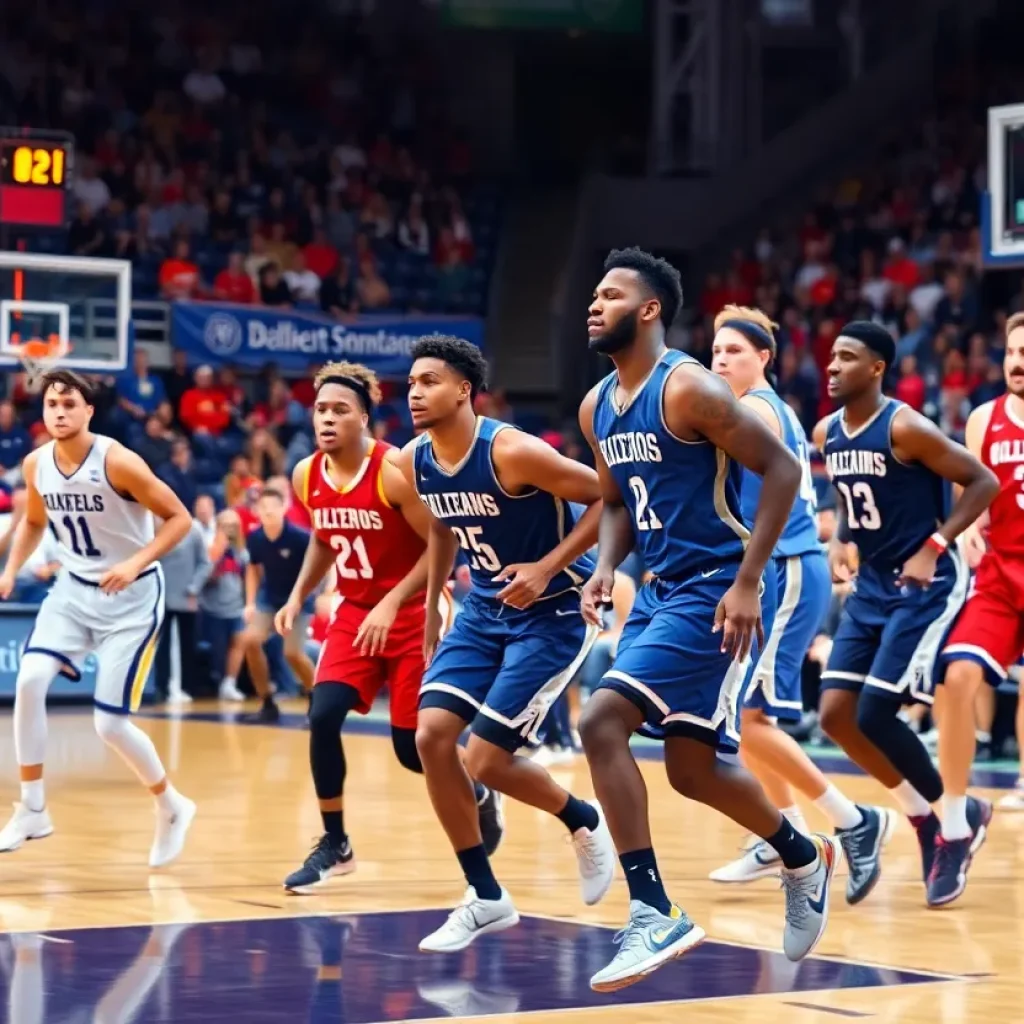Players in action during a college basketball game with fans in the background.