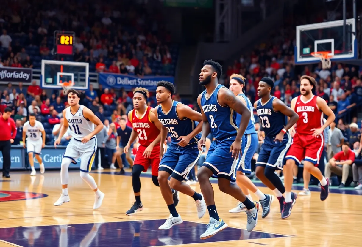 Players in action during a college basketball game with fans in the background.