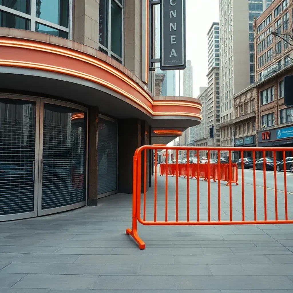 View of a closed cinema with barriers in downtown Orlando