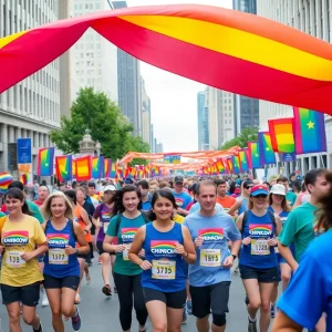 Participants running in the CommUNITY Rainbow Run with colorful banners in Orlando.
